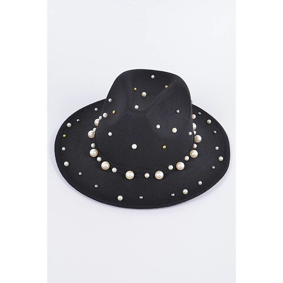Boutique Accessories - Black Fedora Hat With Pearls and Metal